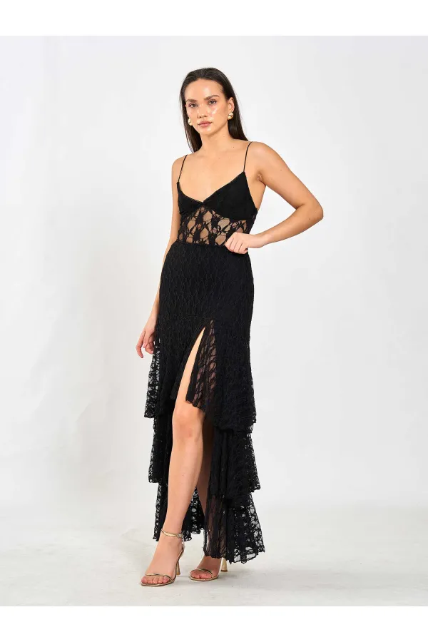 041177 Katlı Yırtmaçlı Dantel Etek