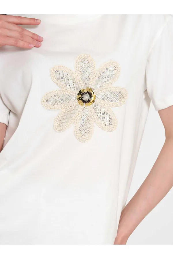 050740 T145 Crew Neck Knitted Floral Print T-Shirt