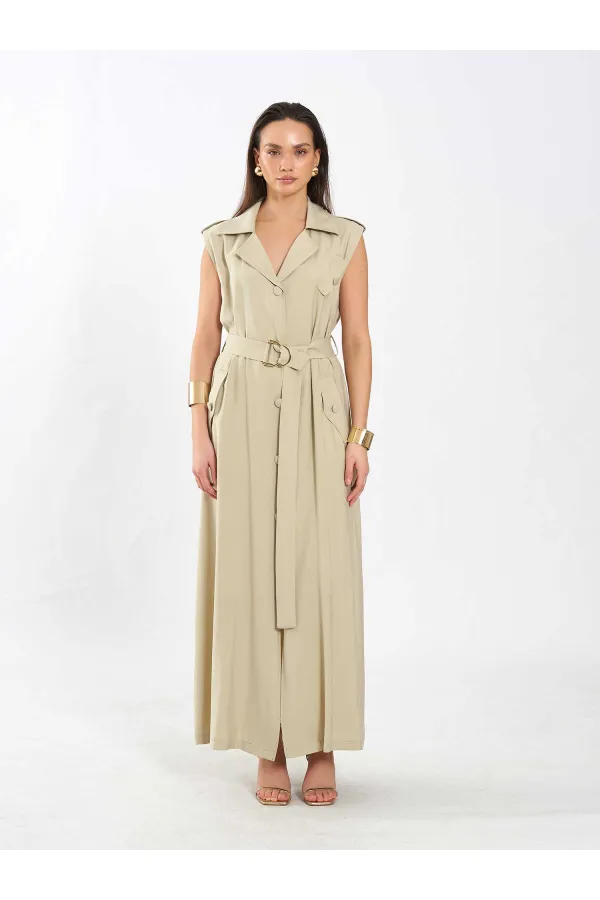 111702 Kolsuz Kendinden Kuşaklı Uzun Elbise