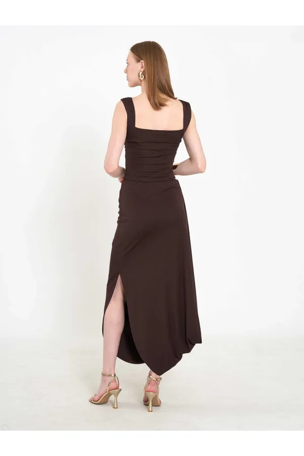 041197 Elastic Waist Asymmetrical Midi Skirt