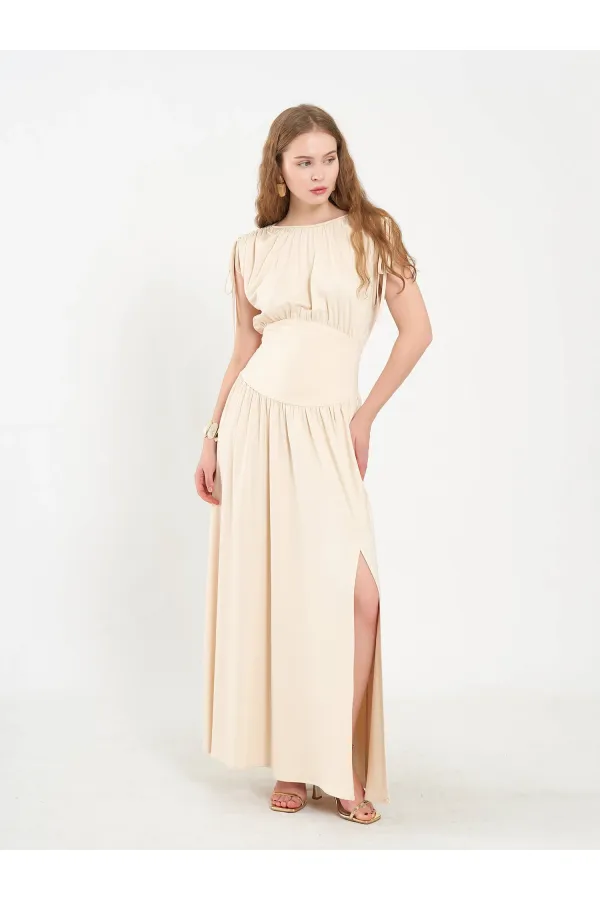 111691 Beli Korsajlı Uzun Elbise
