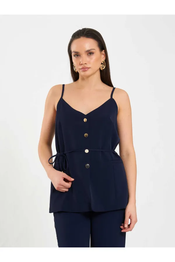 Gilet à col en V et ceinture à nouer à la taille 120743