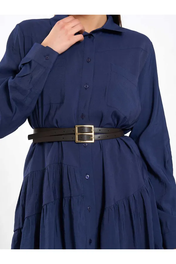 111703 Belted Ruffled Asymmetrical Dress