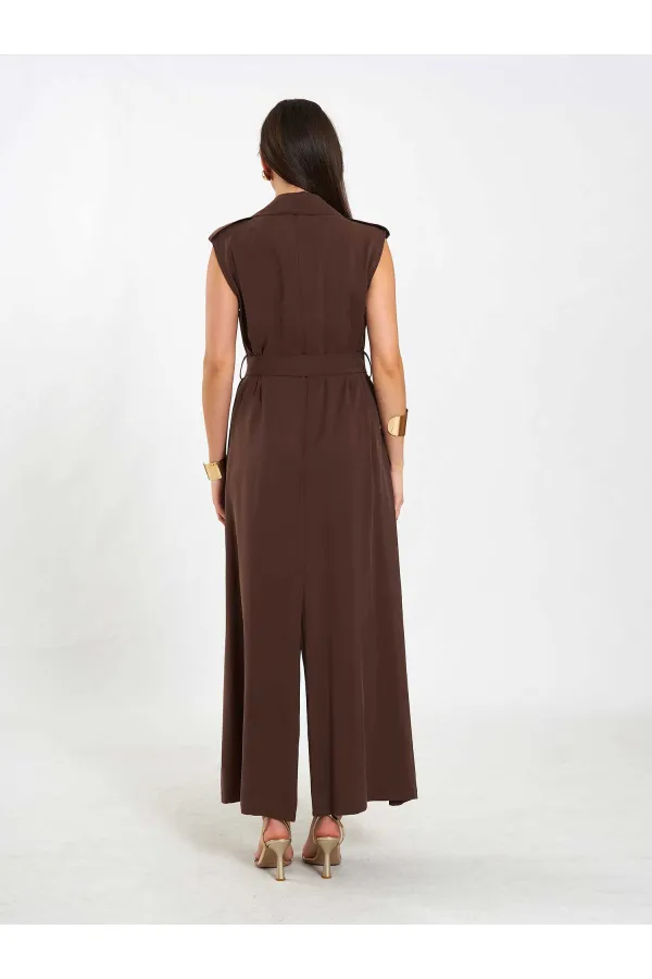 111702 Kolsuz Kendinden Kuşaklı Uzun Elbise