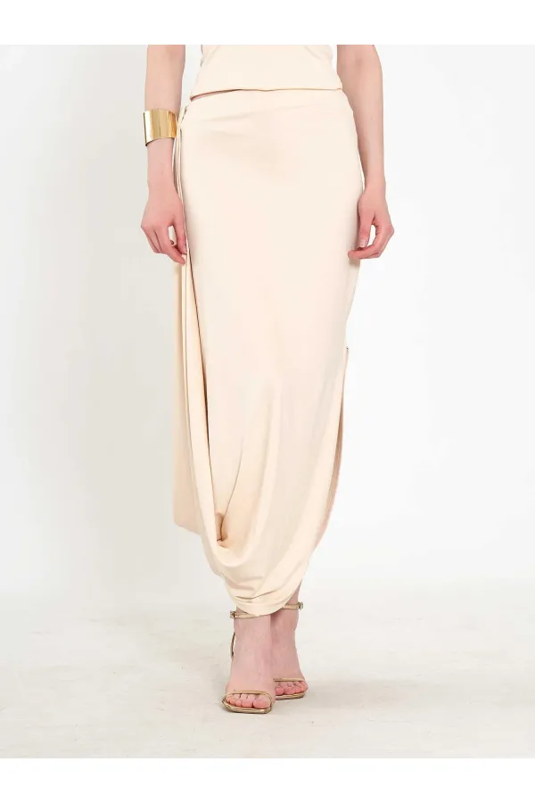 041197 Elastic Waist Asymmetrical Midi Skirt