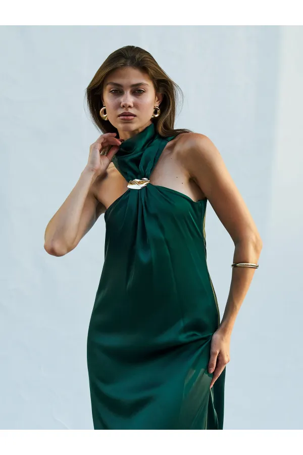 111631 Buckled Slit Long Satin Dress