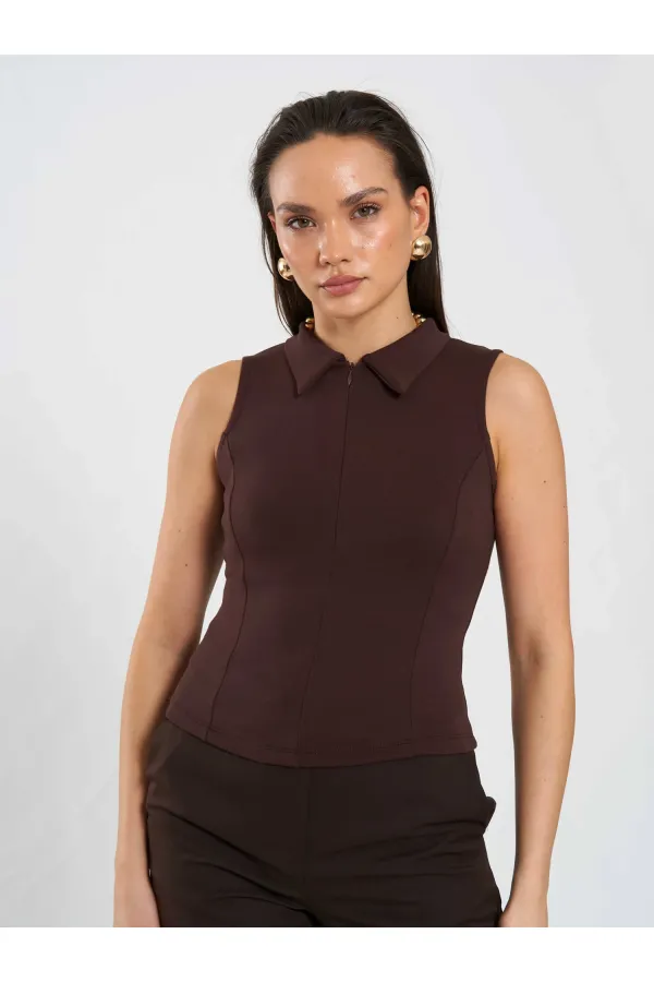 071894 Front Zipper Knitted Sleeveless Bodysuit