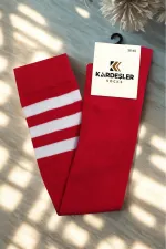 Beyaz Çizgili Kırmızı Diz Üstü Pamuklu Çorap