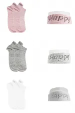 Lot de 3 paires de chaussettes en coton pour femmes, ornées de pierres et de lettres colorées.