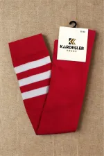 Beyaz Çizgili Kırmızı Diz Üstü Pamuklu Çorap