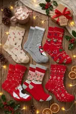 Yılbaşı Noel Christmas Desenli Soket Çorap Renkli 6'Lı Paket