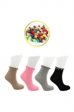 Chaussettes courtes colorées en coton pour femme, ornées de perles, lot de 4
