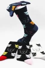 Unisex Kedi Desenli Pamuklu Çorap 4'Lü Paket