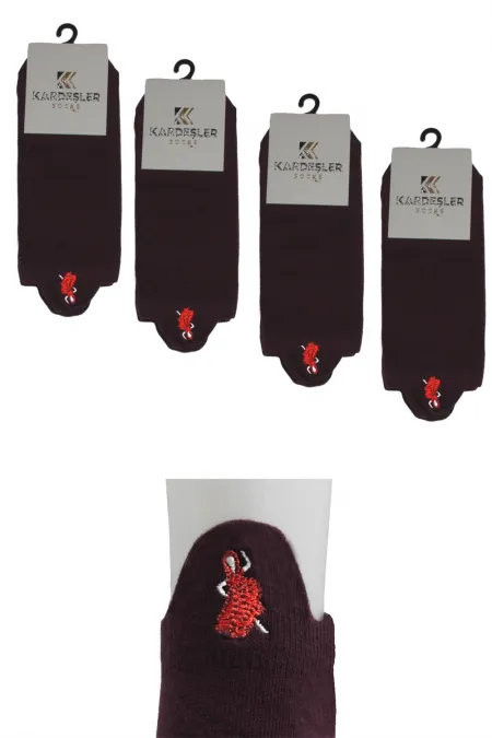 Chaussettes courtes en coton brodé bordeaux pour femme, lot de 4