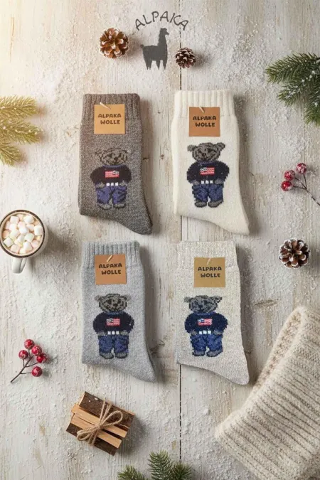 Chaussettes d'hiver épaisses en laine d'alpaga pour femme, motif ours en peluche, lot de 4