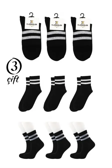 Unisex White 2 Striped Black Half-Cuff Tennis Socks College 3-Pack