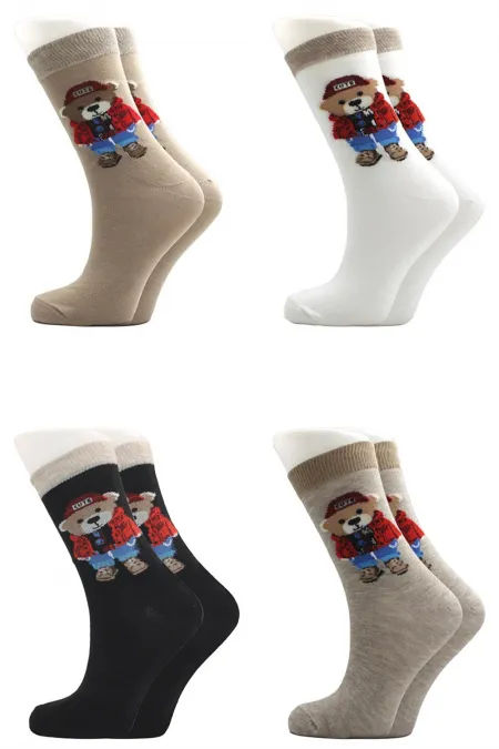 Chaussettes courtes en coton à motif ours coloré pour femmes, lot de 4