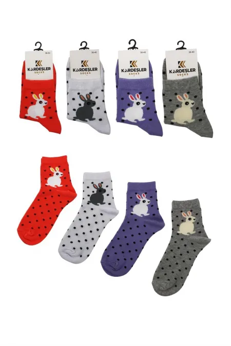 Chaussettes courtes colorées en coton pour femme, motif lapin, lot de 4