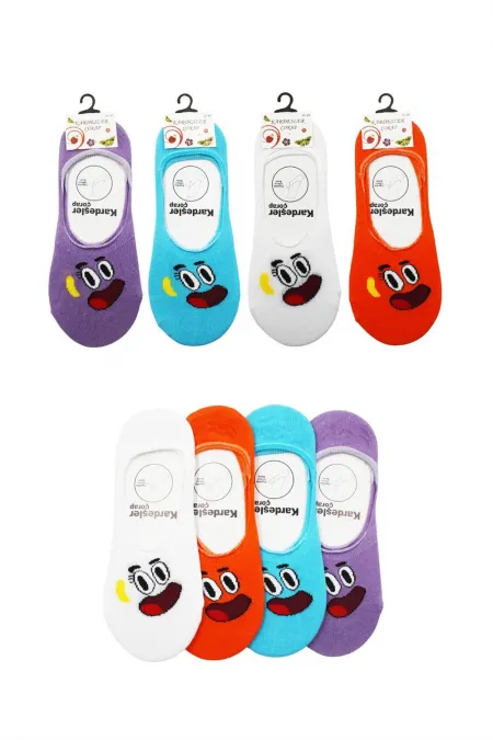 Chaussettes ballerines pour femmes, colorées, en coton, motif visage souriant, invisibles, antidérapantes, talon en silicone, lot de 4
