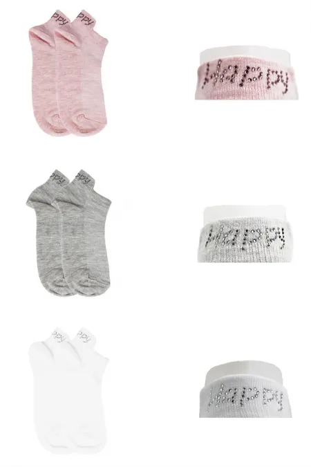 Lot de 3 paires de chaussettes en coton pour femmes, ornées de pierres et de lettres colorées.