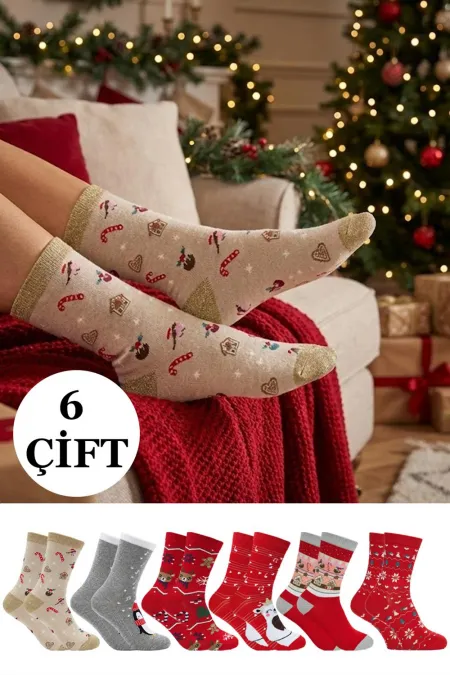 Yılbaşı Noel Christmas Desenli Soket Çorap Renkli 6'Lı Paket