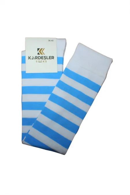 White knee-high cotton socks with blue stripes
