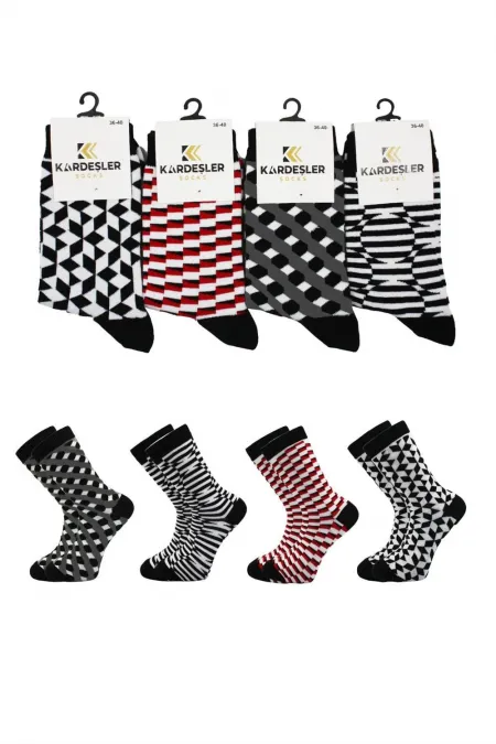 Unisex Çizgili Desenli Pamuklu Çorap 4'Lü Paket