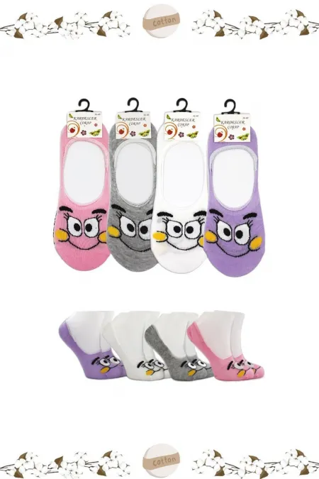 Chaussettes ballerines pour femmes, colorées, en coton, motif visage souriant, invisibles, antidérapantes, talon en silicone, lot de 4