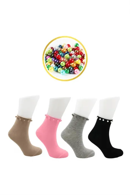 Chaussettes courtes colorées en coton pour femme, ornées de perles, lot de 4