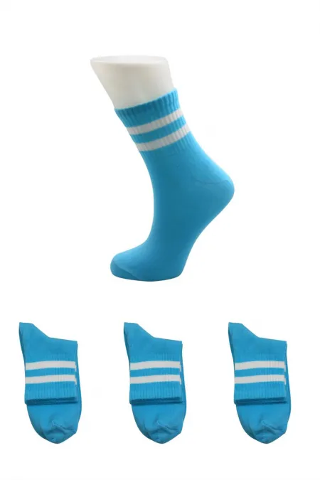 Unisex Beyaz 2 Çizgili Mavi Yarım Konç Tenis Çorap Kolej 3'Lü Paket