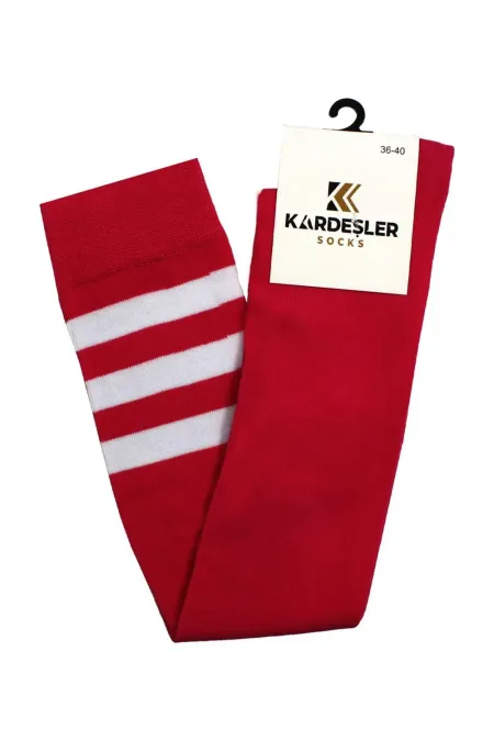 Beyaz Çizgili Kırmızı Diz Üstü Pamuklu Çorap