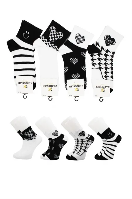 Unisex Siyah-Beyaz Desenli Pamuklu Tenis Çorap 4'Lü Paket