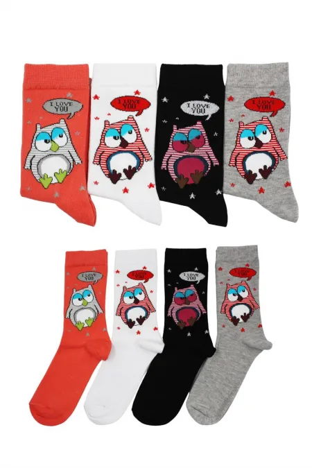 Unisex Baykuş Desenli Pamuklu Çorap 4'Lü Set