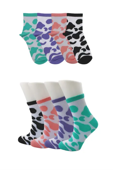 Lot de 4 paires de chaussettes de tennis colorées en coton pour femmes, motif vache, style universitaire