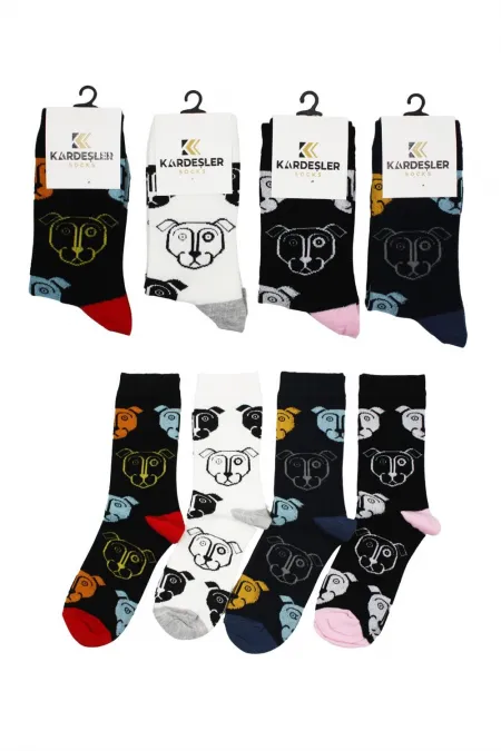 Unisex Köpek Desenli Pamuklu Çorap 4'Lü Paket