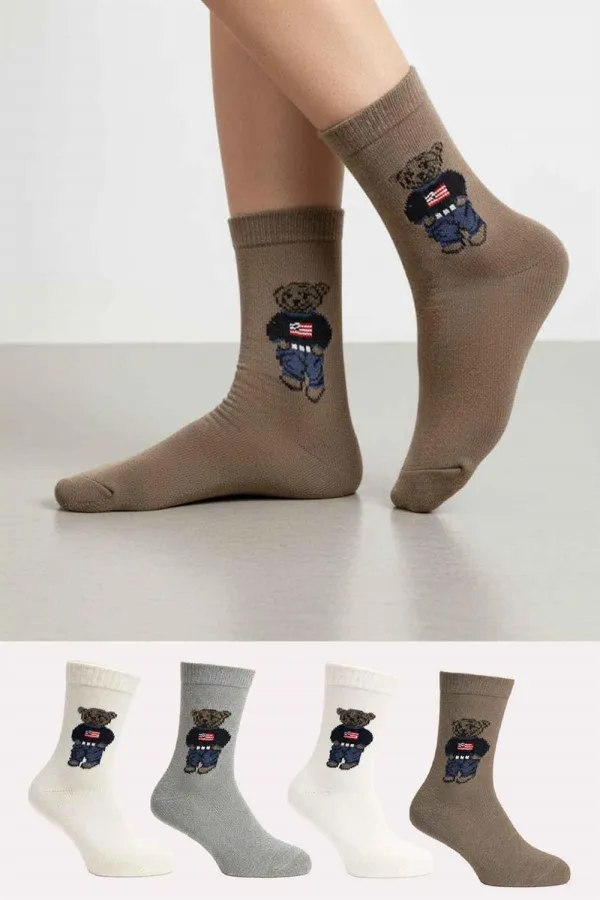 Chaussettes d'hiver épaisses en laine d'alpaga pour femme, motif ours en peluche, lot de 4