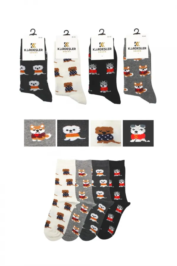 Chaussettes courtes en coton à motifs de chiens colorés pour femmes, lot de 4