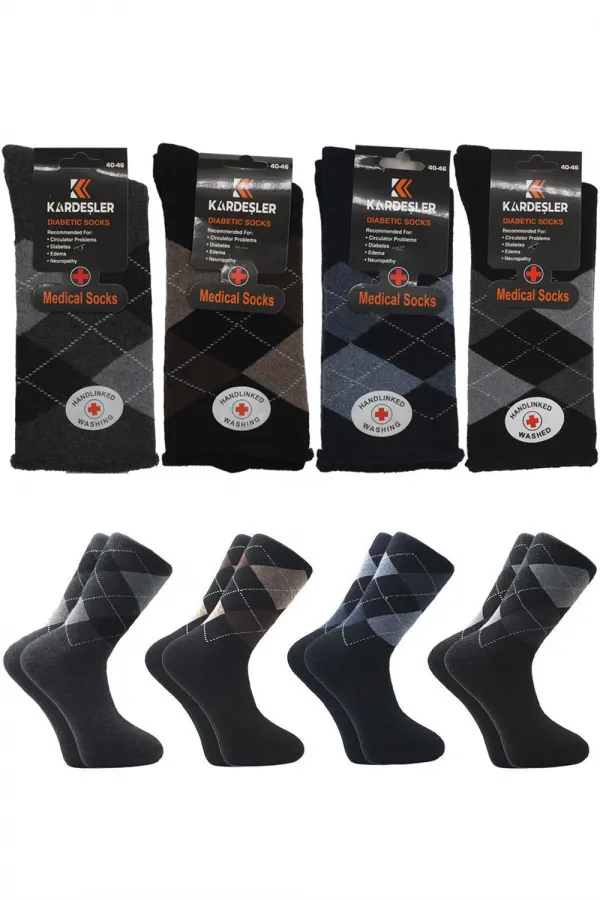 Men's Terry Cloth Diabetic Cotton Winter Thick Socks, Multicolored Thermal, 4-Pack