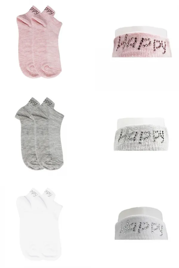 Lot de 3 paires de chaussettes en coton pour femmes, ornées de pierres et de lettres colorées.