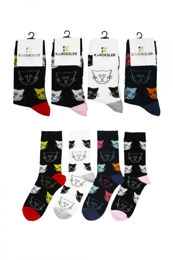 Unisex Kedi Desenli Pamuklu Çorap 4'Lü Paket