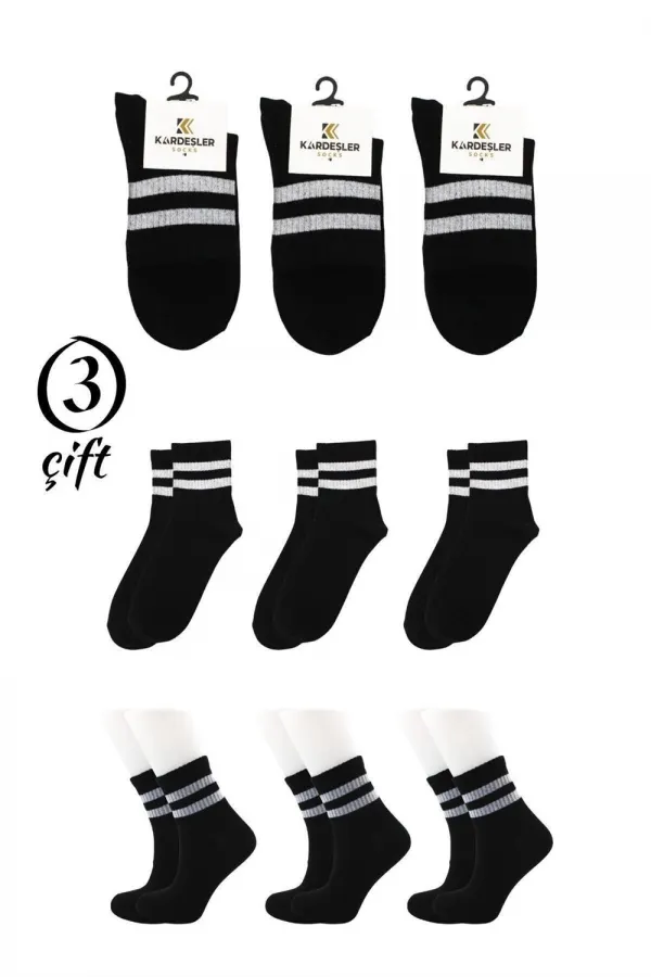 Unisex White 2 Striped Black Half-Cuff Tennis Socks College 3-Pack