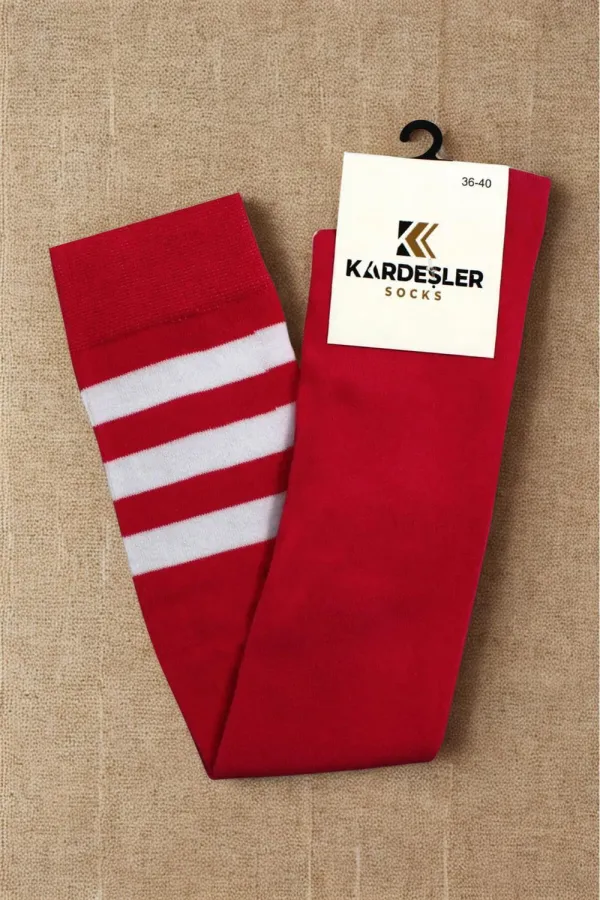 Beyaz Çizgili Kırmızı Diz Üstü Pamuklu Çorap