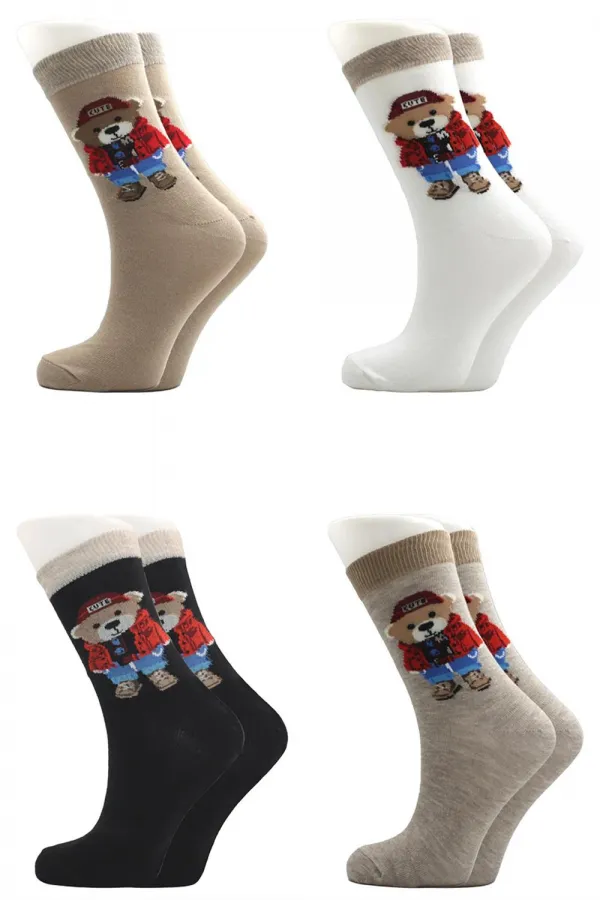 Chaussettes courtes en coton à motif ours coloré pour femmes, lot de 4