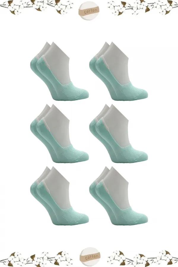 Kadın Pamuklu Dikişsiz Görünmez Kaydırmaz Topuk Silikonlu Babet Çorap Turkuaz 6'Lı Paket