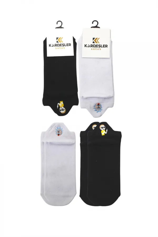 Unisex Patterned Embroidered Colorful Cotton Ankle Socks, 2-Pack