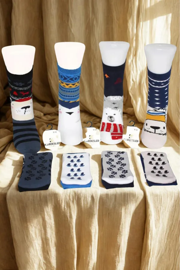 Çoçuk Havlu Çok Desenli Soket Çorap Renkli 4'Lü Paket