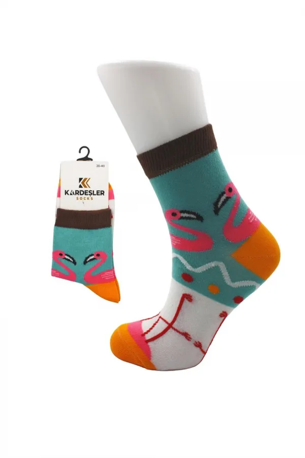 Chaussettes en coton à demi-revers colorées pour femmes, motif flamant rose, lot de 6