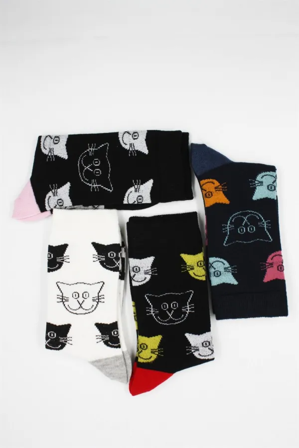 Unisex Kedi Desenli Pamuklu Çorap 4'Lü Paket
