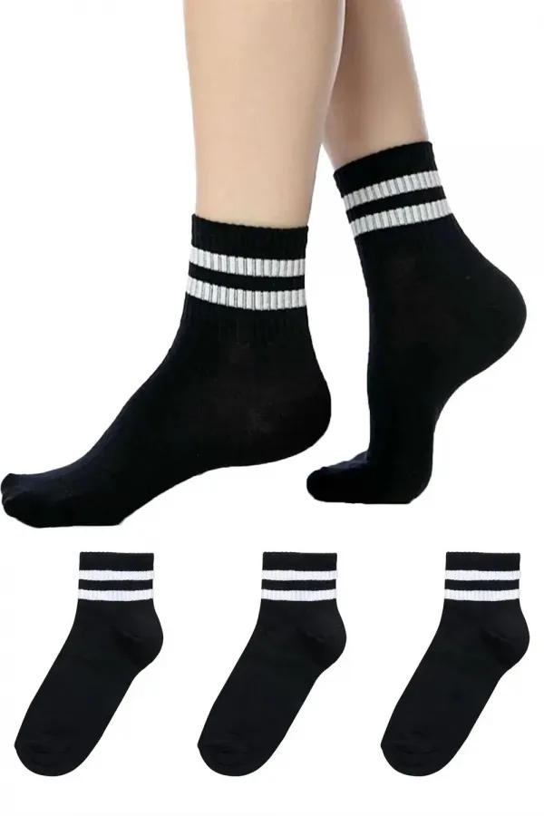 Unisex White 2 Striped Black Half-Cuff Tennis Socks College 3-Pack