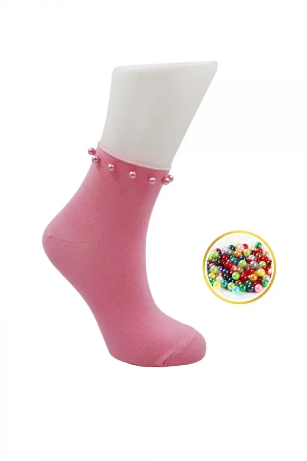 Chaussettes courtes colorées en coton pour femme, ornées de perles, lot de 4